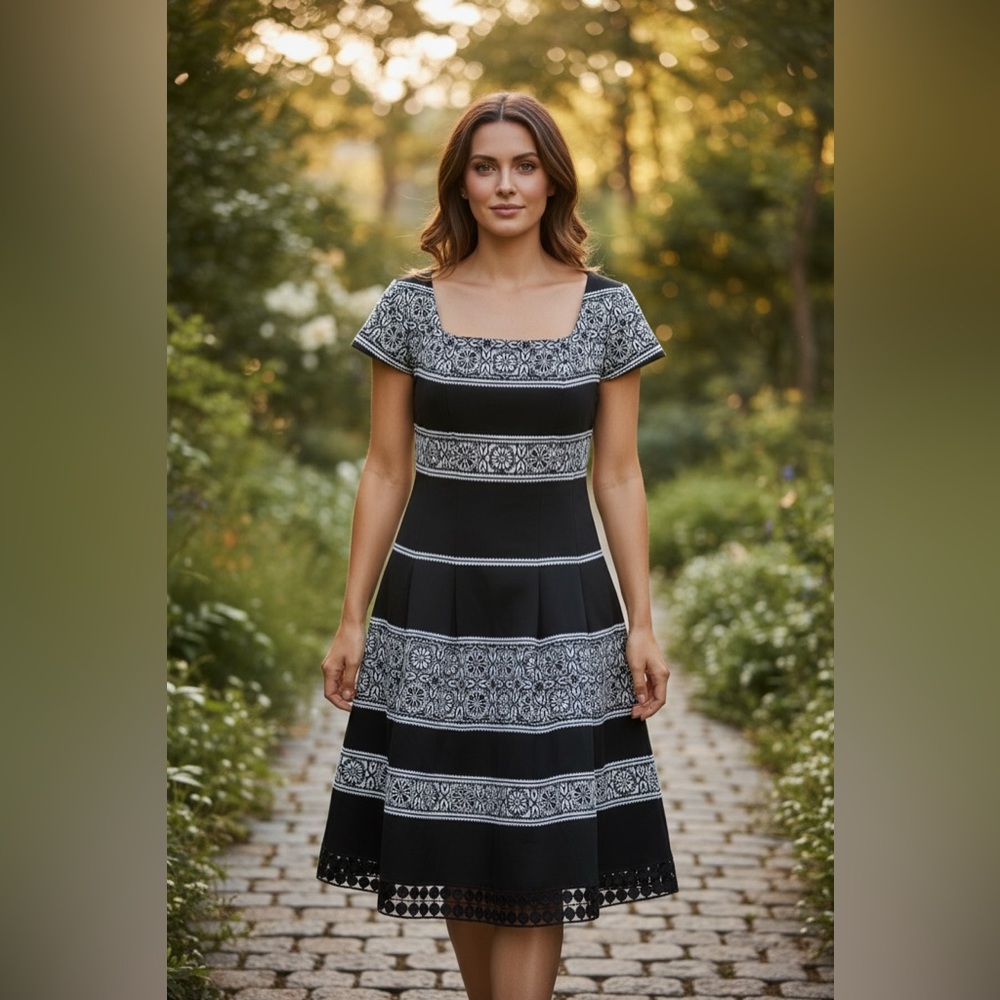 Donna Ricco Black White Fit & Flare Dress Size 10 Square Neck